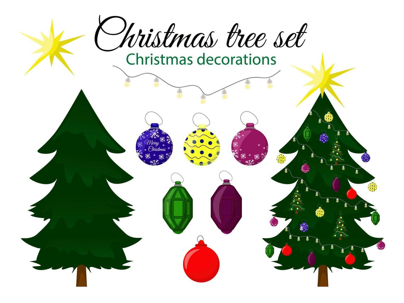 albero di natale impostato su sfondo bianco. decorazioni natalizie. illustrazione vettoriale
