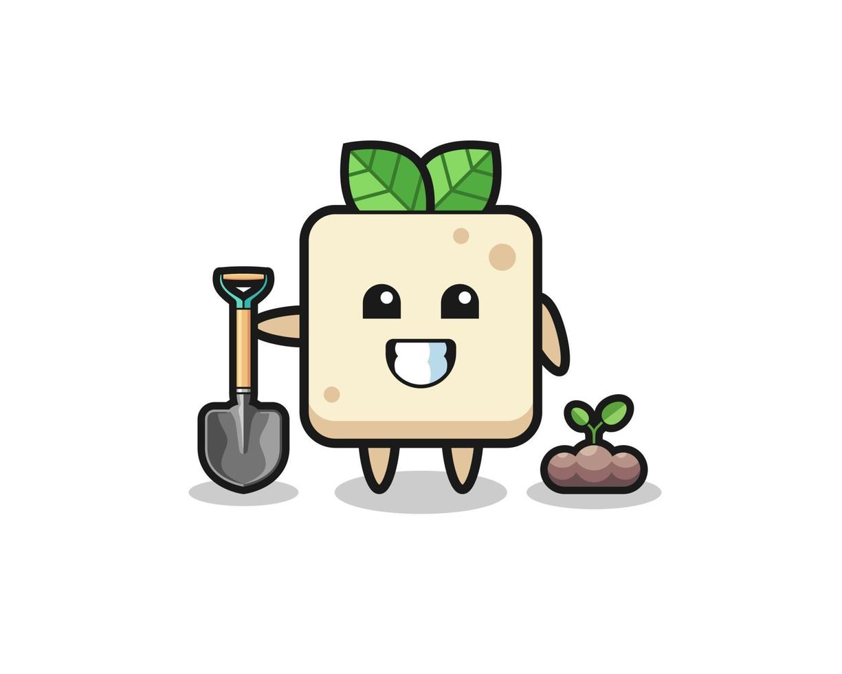 simpatico cartone animato di tofu sta piantando un seme di albero vettore