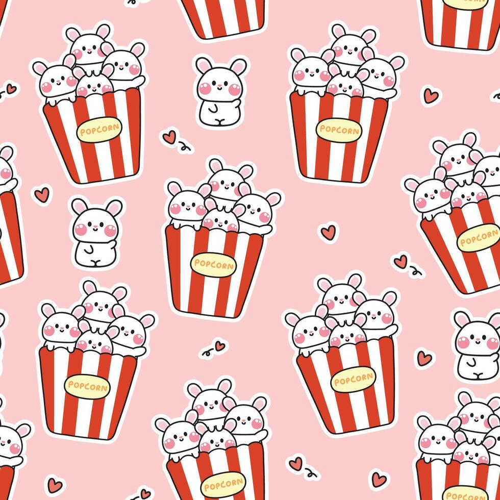 senza soluzione di continuità modello di carino coniglio Popcorn con cuore su rosa sfondo.roditore animale personaggio cartone animato design.cinema.movie.snack.kawaii.vettore.illustrazione. vettore
