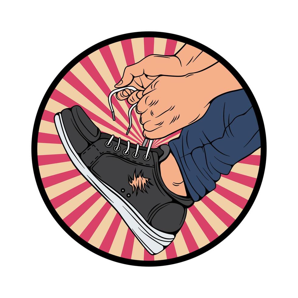 vettore illustrazione di persona legatura lacci delle scarpe nel retrò stile cerchio telaio