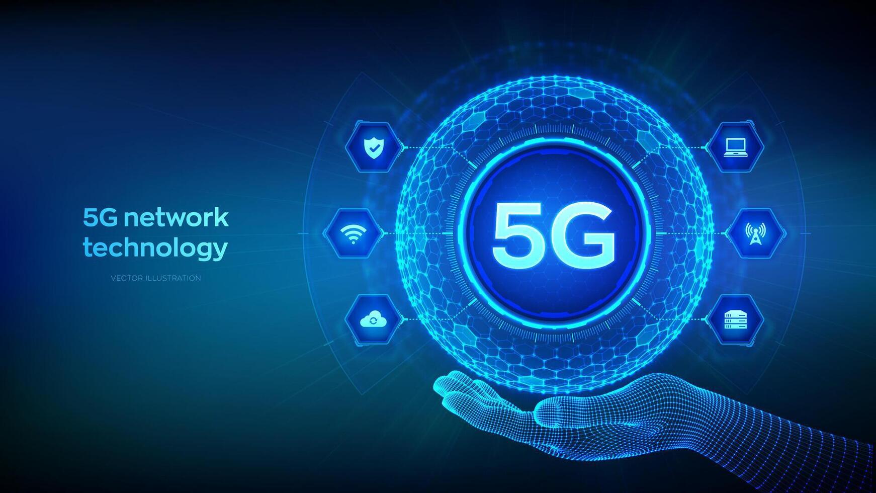 5g Rete senza fili sistemi, Internet di cose tecnologia concetto nel il forma di sfera con esagono griglia modello nel wireframe mano. 5g senza fili mobile Internet Wi-Fi connessione. vettore illustrazione.