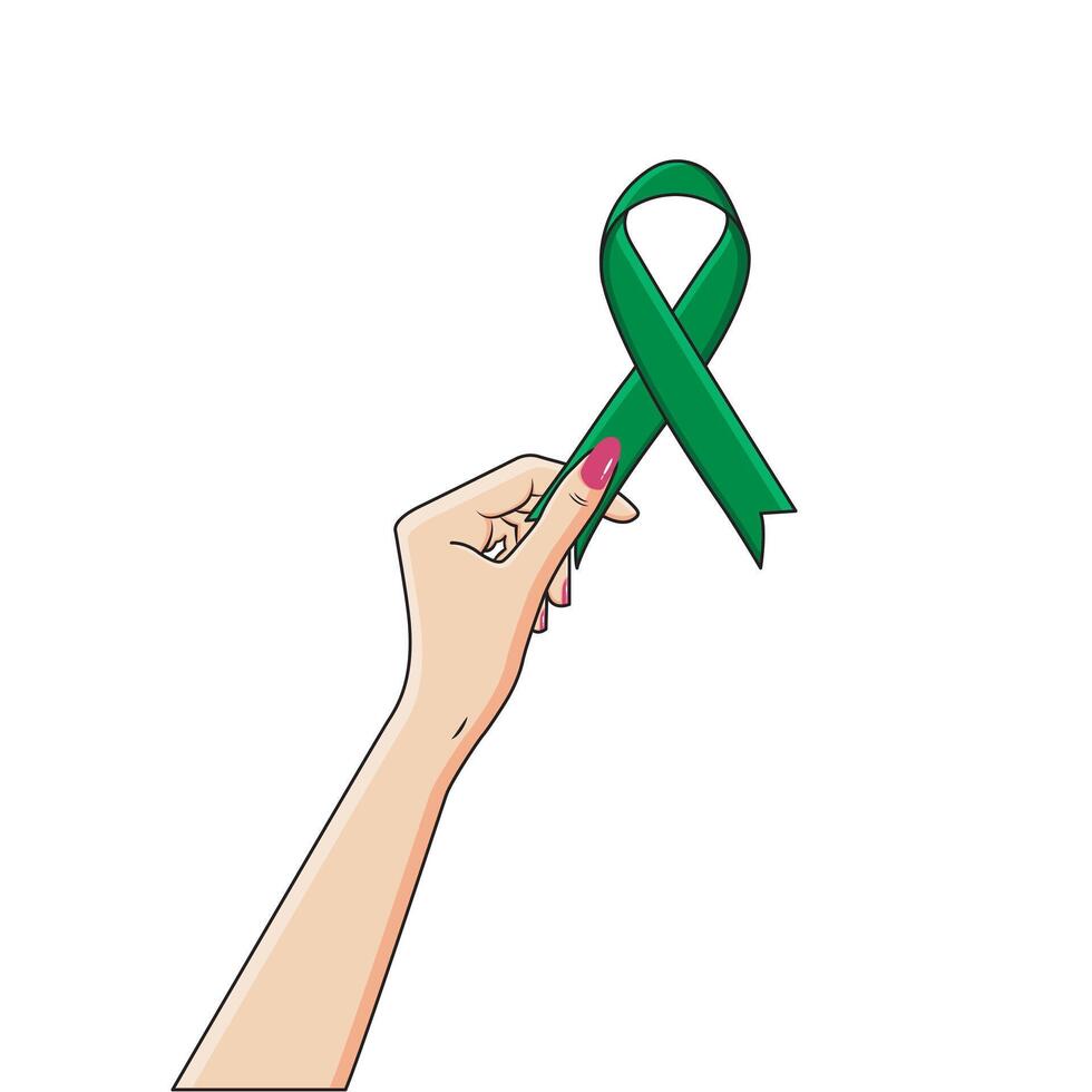 femmina mano Tenere Smeraldo verde raso nastro fegato cancro consapevolezza oncologia vettore illustrazione