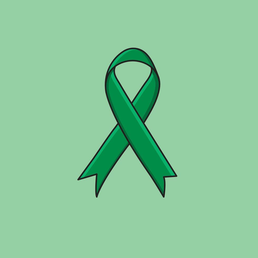 Smeraldo verde raso nastro fegato cancro consapevolezza oncologia cartello verde sfondo vettore illustrazione