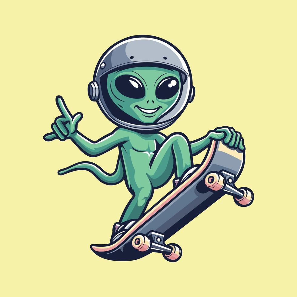 cartone animato alieno equitazione un' skateboard. isolato verde alieno andare con lo skateboard, illustrazione per tee t camicia vettore