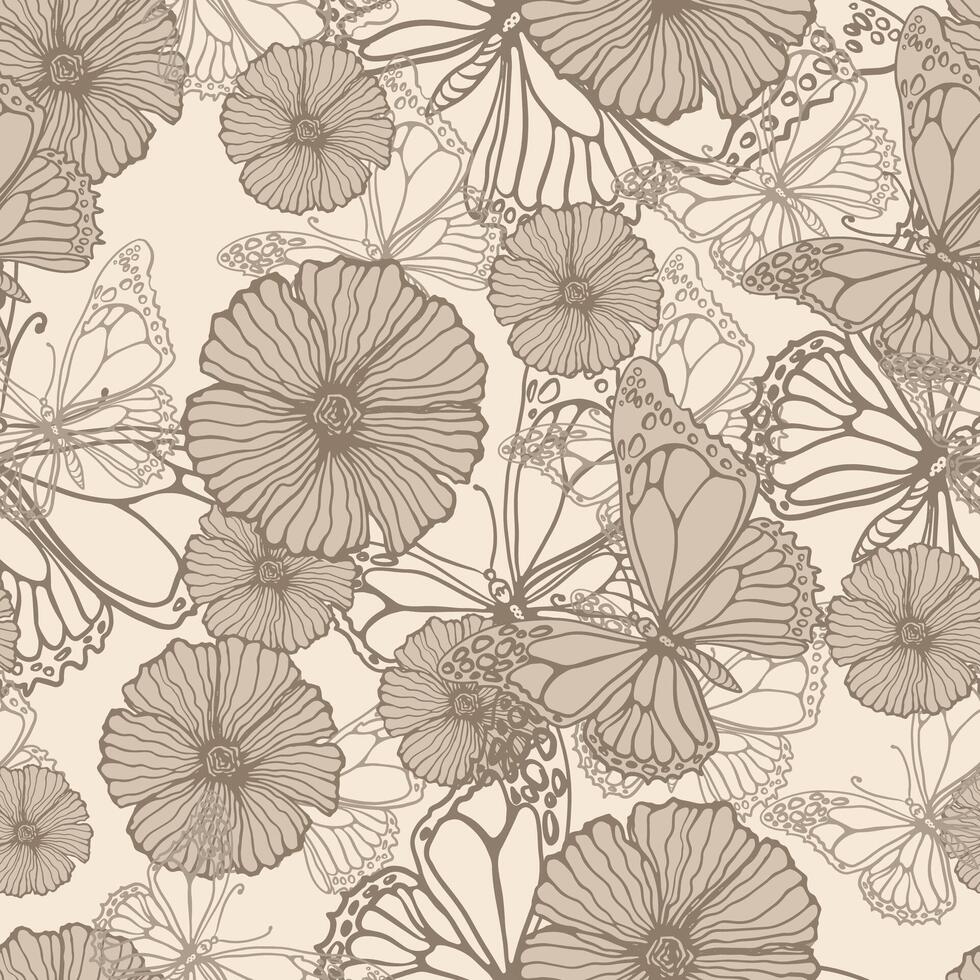 foglie, farfalle e fiori. disegnato a mano grafica nel beige sfumature. senza soluzione di continuità modelli per tessuto e confezione design. vettore