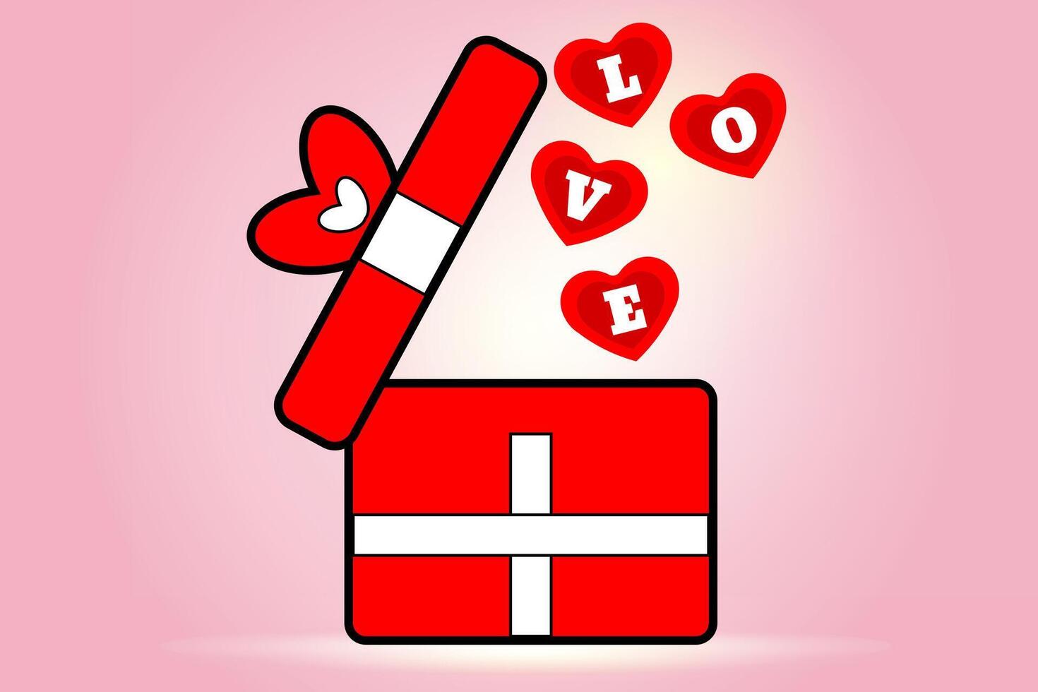 regalo scatola apertura e galleggiante su amore lettere cuore sorpresa idea vettore. rosso regalo scatola con nastro spacchettamento coperchio. concetto di san valentino giorno, nozze anniversario, compleanno, nuovo anno sfondo. vettore