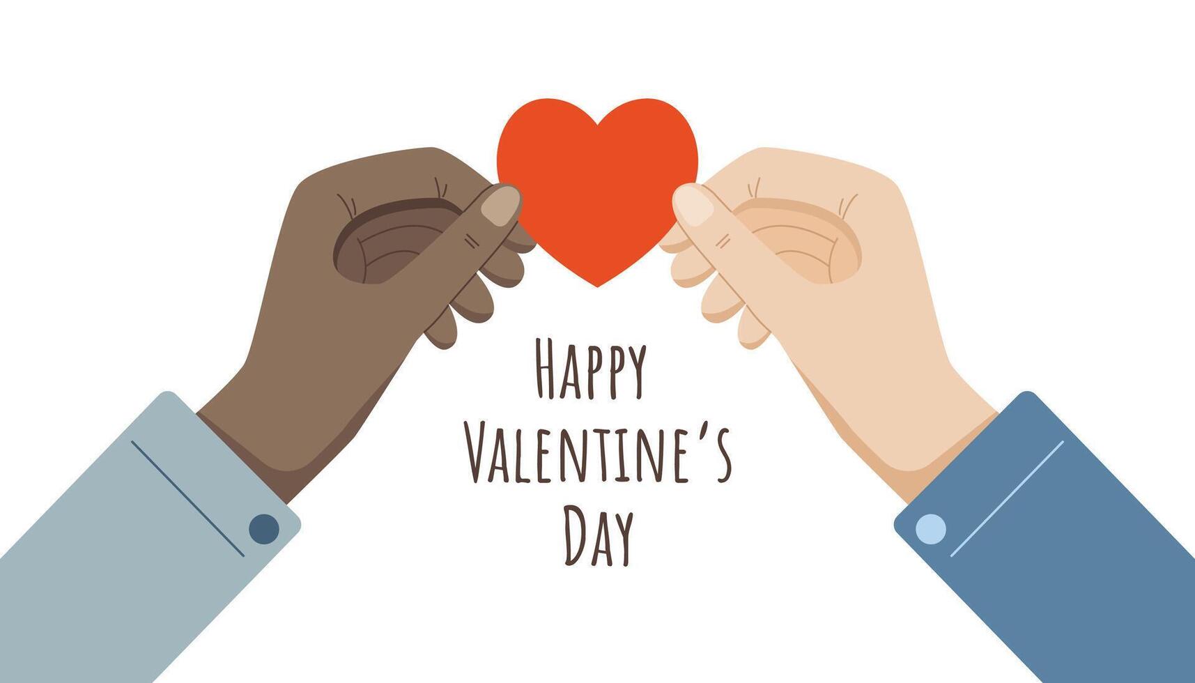 multiculturale mani Tenere rosso cuore, contento San Valentino giorno saluto, diverso amore simbolo, unità nel diversità carta design. vettore