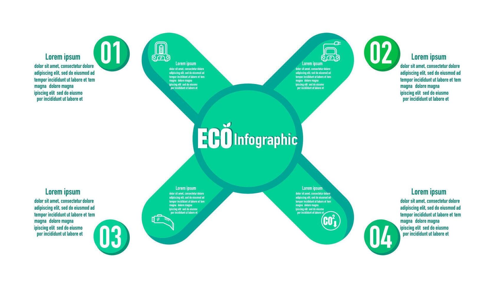 Infografica 4 temi modello per eco auto modello per energia consumo sostenibile. vettore attraversare e icona elementi. ecologia moderno rapporto Piano