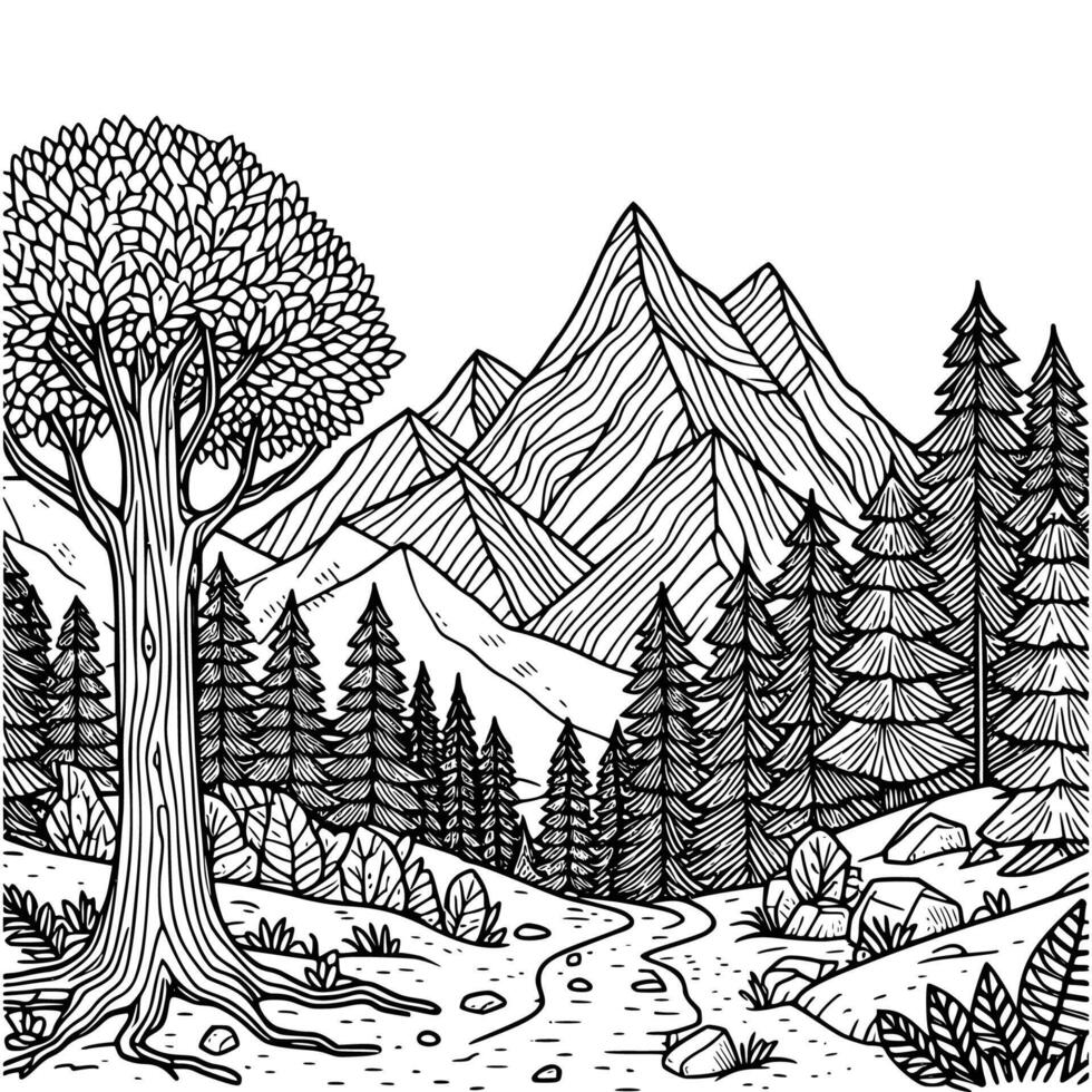 mano disegnato montagna e albero colorazione libro illustrazione. nero e bianca montagna schema illustrazione vettore