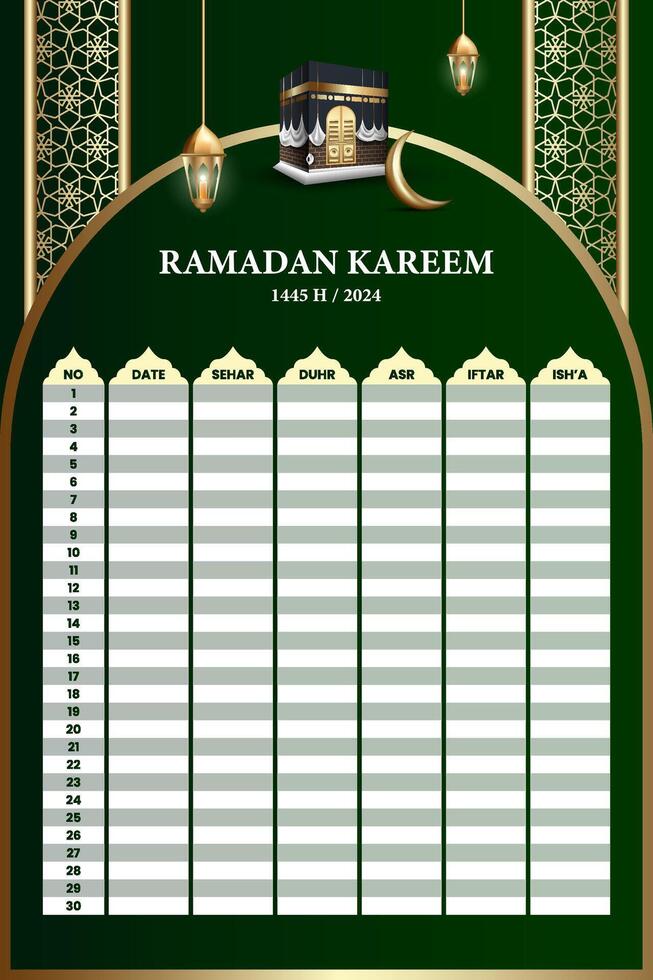 Ramadan santo mese calendario orario. manifesti o banner per preghiera, digiuno e rottura il veloce. vettore