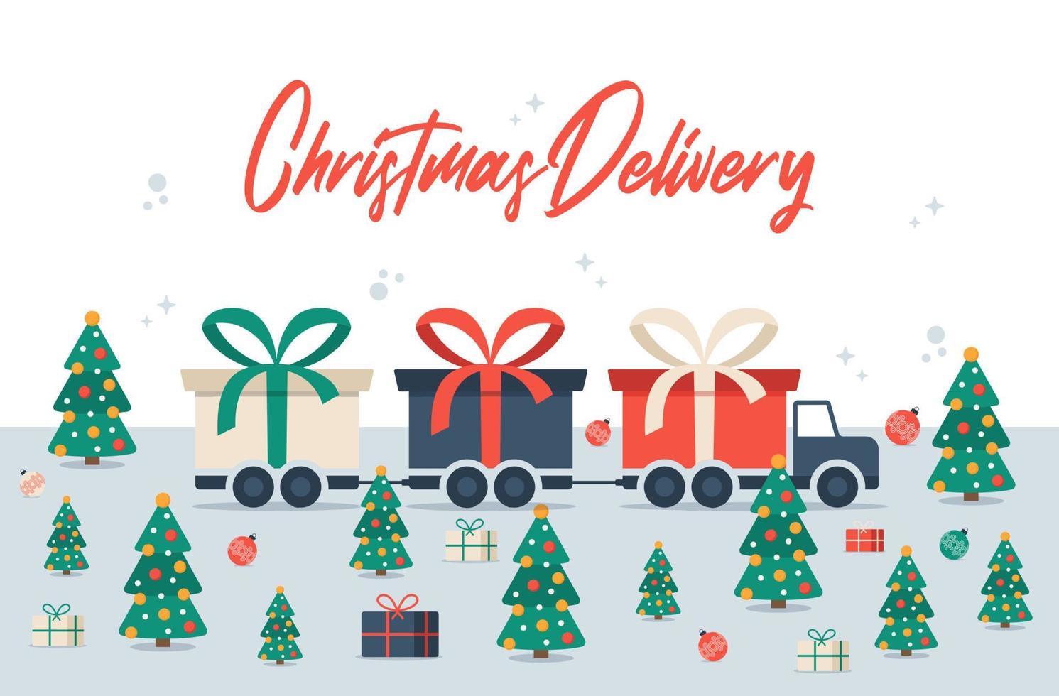 camion lungo di consegna di natale con scatola regalo. illustrazione vettoriale di spedizione gratuita. furgone di consegna isolato con fiocco rosso. confezione regalo su truck.flat illustrazione vettoriale con spazio di copia