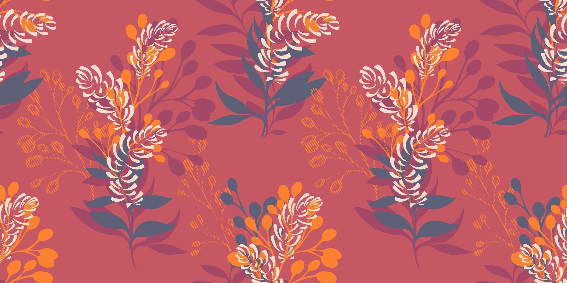 colorato senza soluzione di continuità modello con mazzi di fiori rami con forme le foglie e macchie. vettore mano disegnato illustrazione. semplice creativo stilizzato floreale steli stampa su un' arancia sfondo.