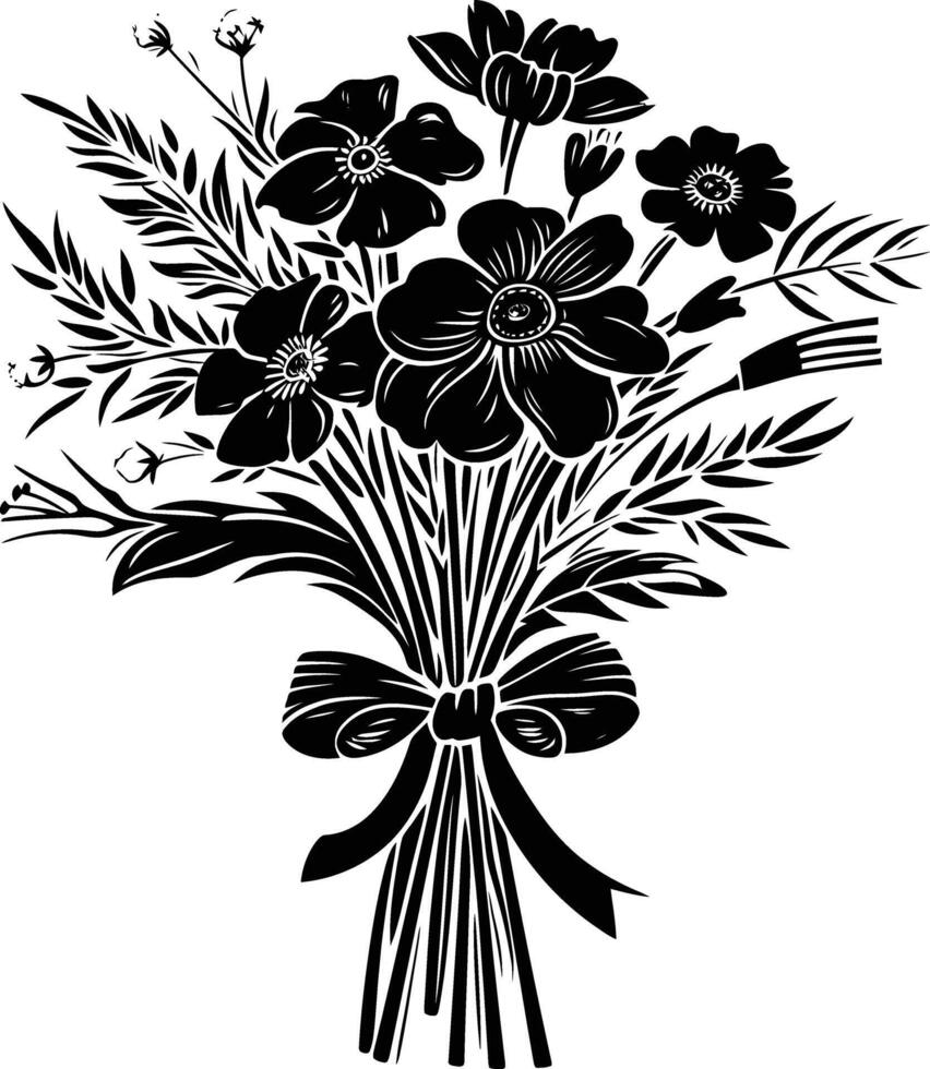 ai generato silhouette primavera fiore mazzo legato con nastro nero colore solo vettore