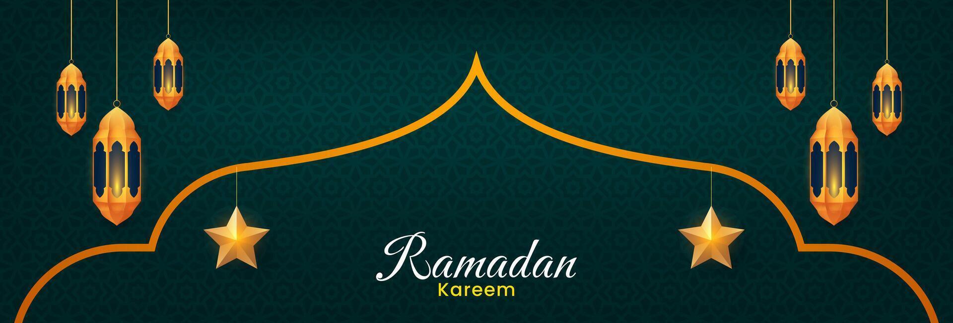 Ramadan kareem bandiera design. islamico celebrazione sfondo con d'oro lanterne, stella ornamenti vettore illustrazione