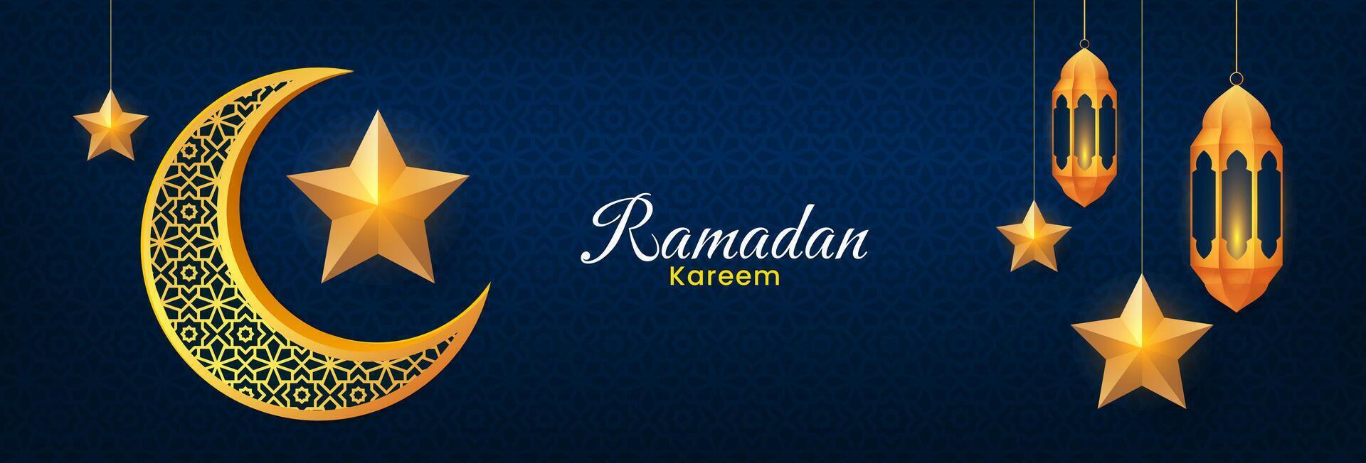 Ramadan kareem bandiera design. islamico sfondo con d'oro lanterne, stelle e mezzaluna Luna. vettore illustrazione