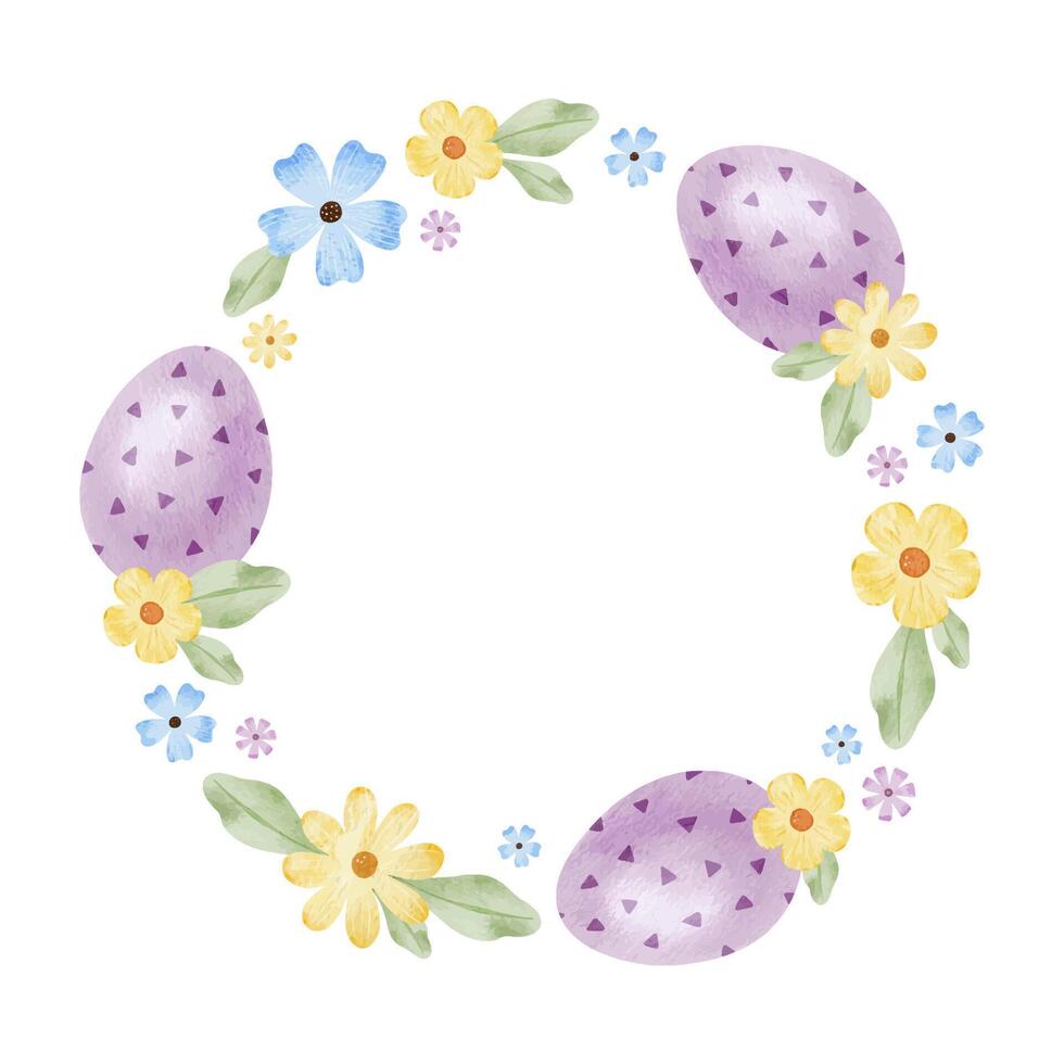 telaio di carino colorato Pasqua uova, fiori e le foglie. pasquale concetto con viola Pasqua uova. isolato acquerello illustrazione. modello per Pasqua carte, copertine, manifesti e inviti. vettore