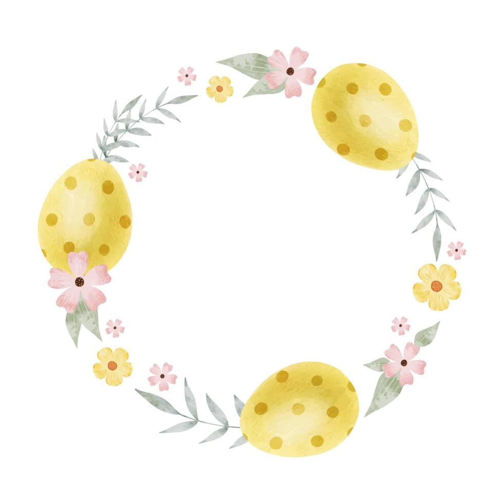 telaio di carino colorato Pasqua uova, fiori e le foglie. pasquale concetto con giallo Pasqua uovo. isolato acquerello illustrazione. modello per Pasqua carte, copertine, manifesti e inviti. vettore