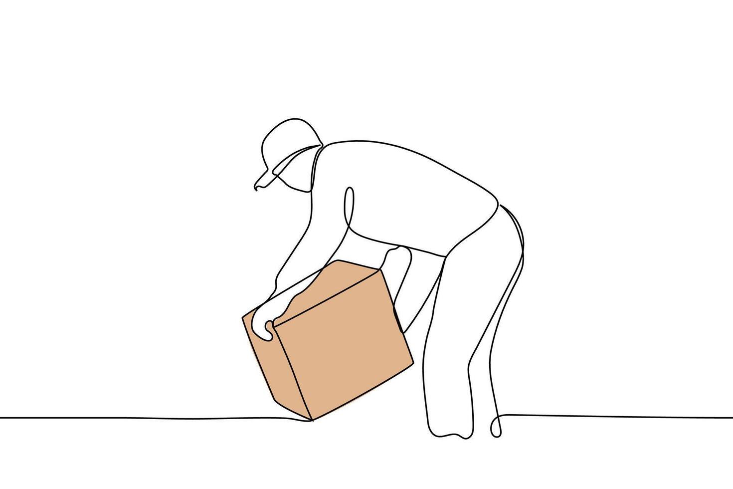 uomo nel berretto mette su grande scatola a il consegna indirizzo - uno linea disegno vettore. in linea ordine consegna concetto vettore