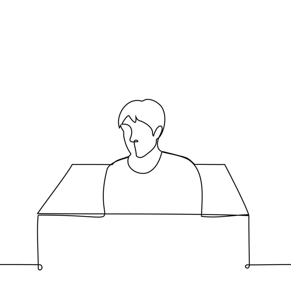 uomo si siede nel un' grande scatola - uno linea disegno vettore. concetto o metafora di il comfort zona, sociale fobia, chiuso persona vettore