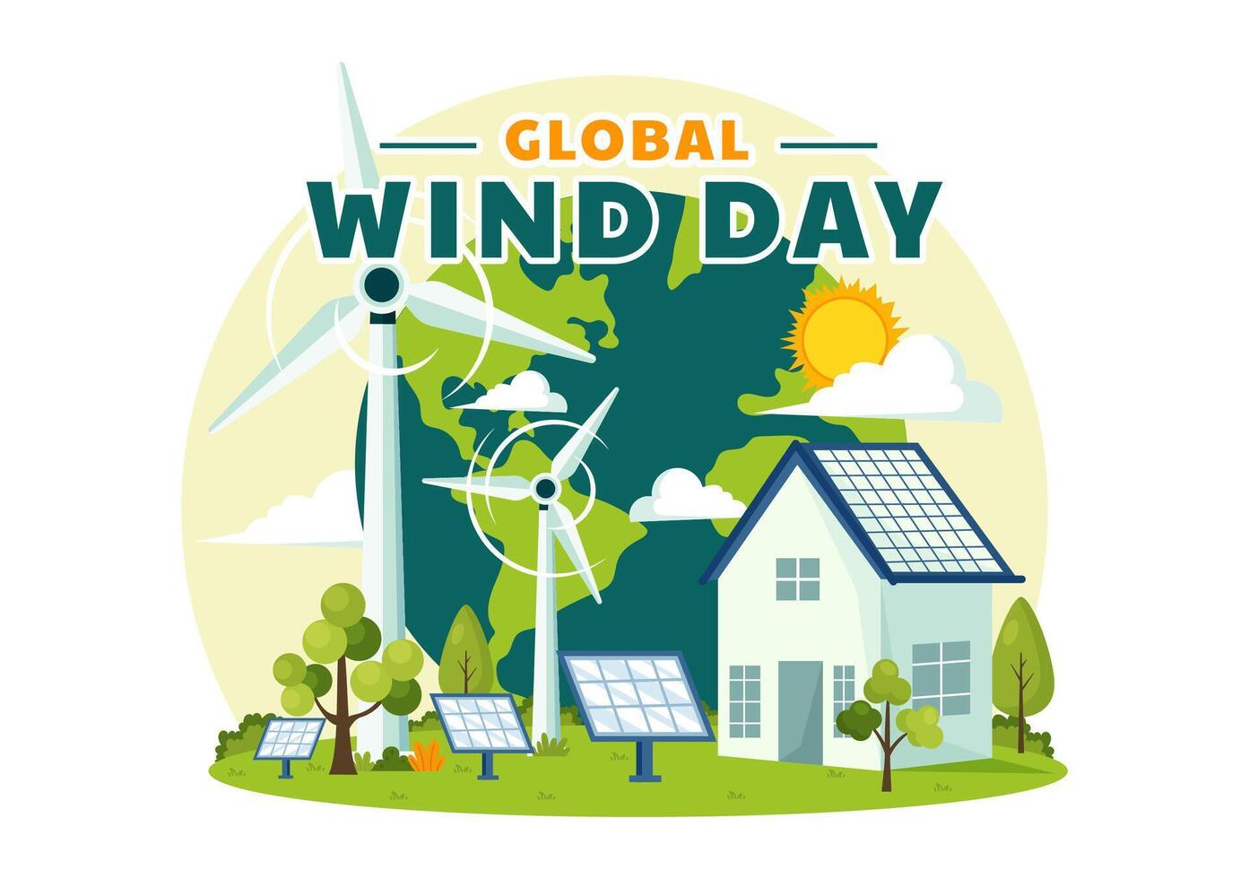 globale vento giorno vettore illustrazione su giugno 15 con terra globo e venti turbine per energia e energia sistemi su blu cielo nel piatto cartone animato sfondo