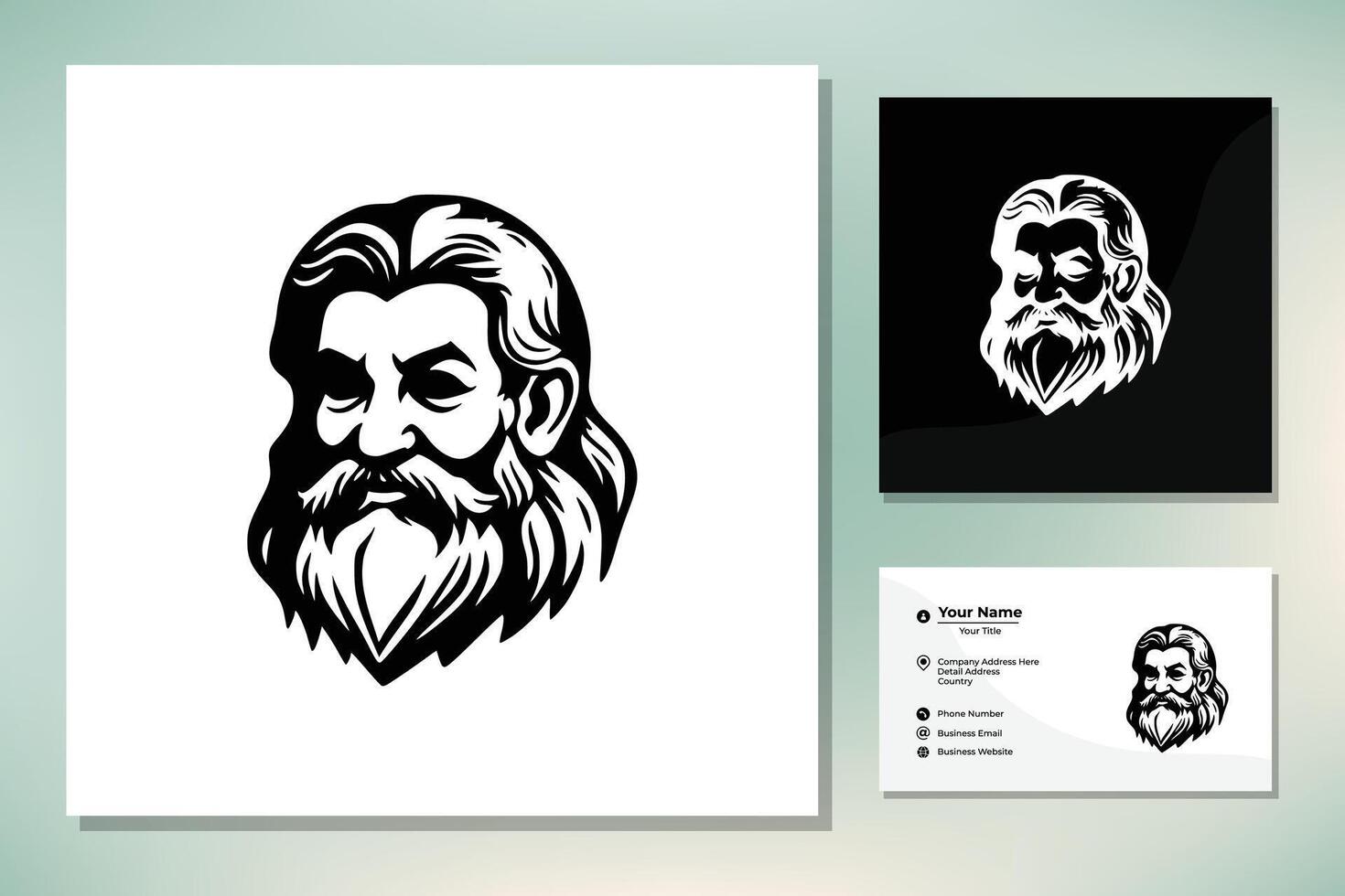 greco vecchio uomo viso piace Dio Zeus tritone Nettuno filosofo con barba e baffi logo design vettore