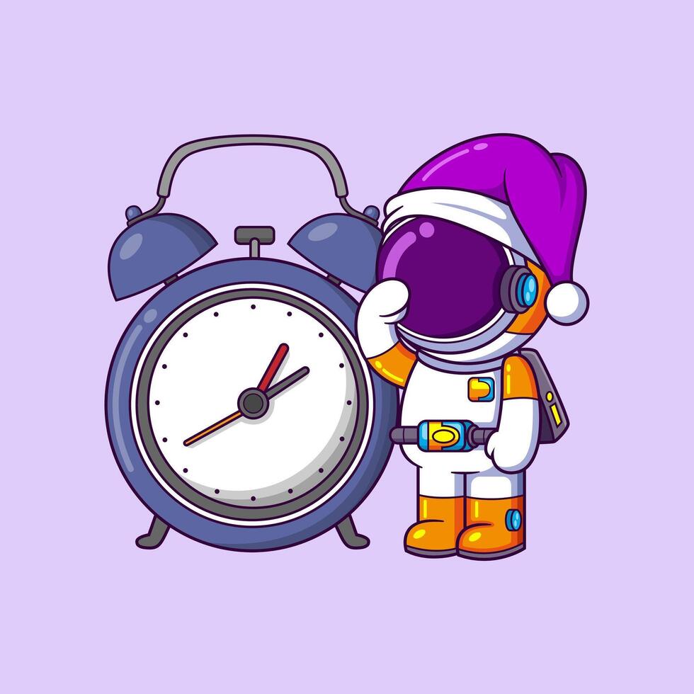 carino astronauta scia su nel il mattina e un' grande orologio vettore