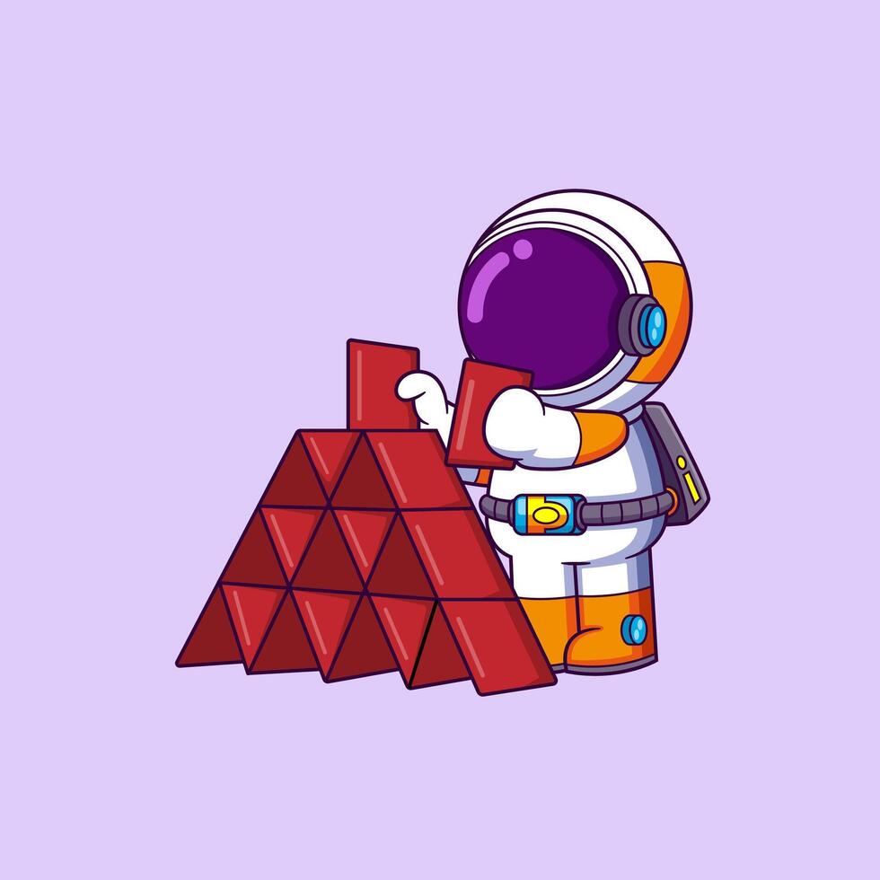 carino astronauta giocando Casa di carte piramide Torre vettore