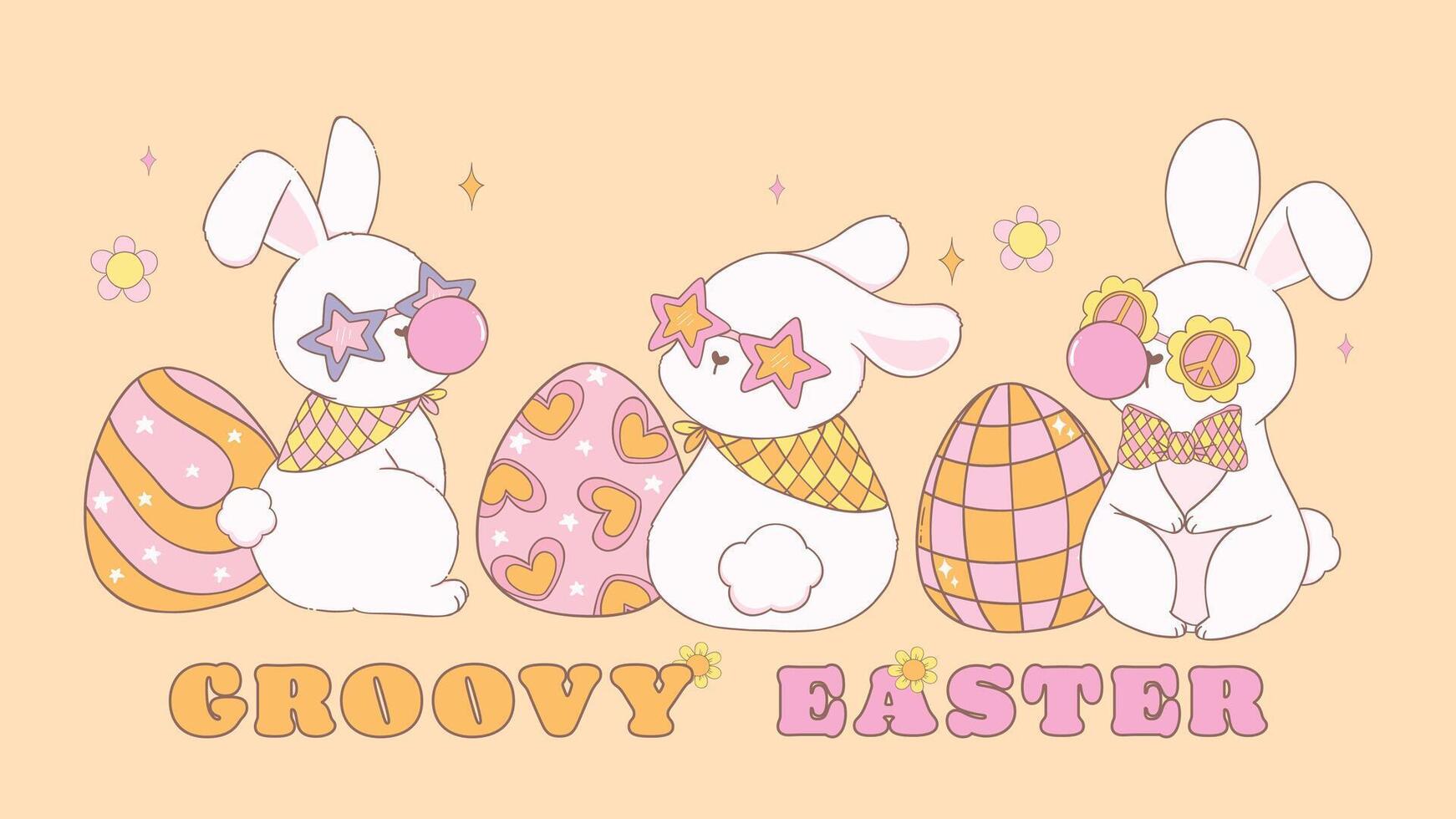 gruppo di carino contento Groovy Pasqua coniglietto con discoteca retrò uova. giocoso cartone animato bandiera scarabocchio animale personaggio mano disegno. vettore