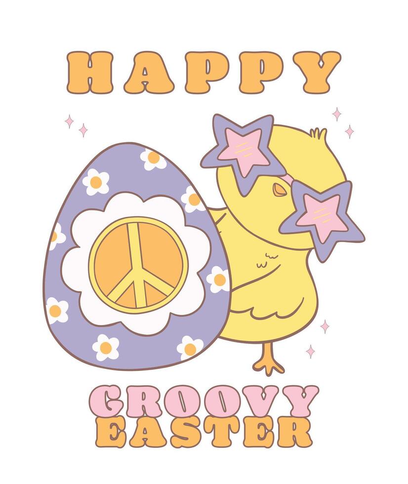 carino contento Groovy Pasqua pulcino con retrò Pasqua uovo. giocoso cartone animato scarabocchio animale personaggio mano disegno. vettore