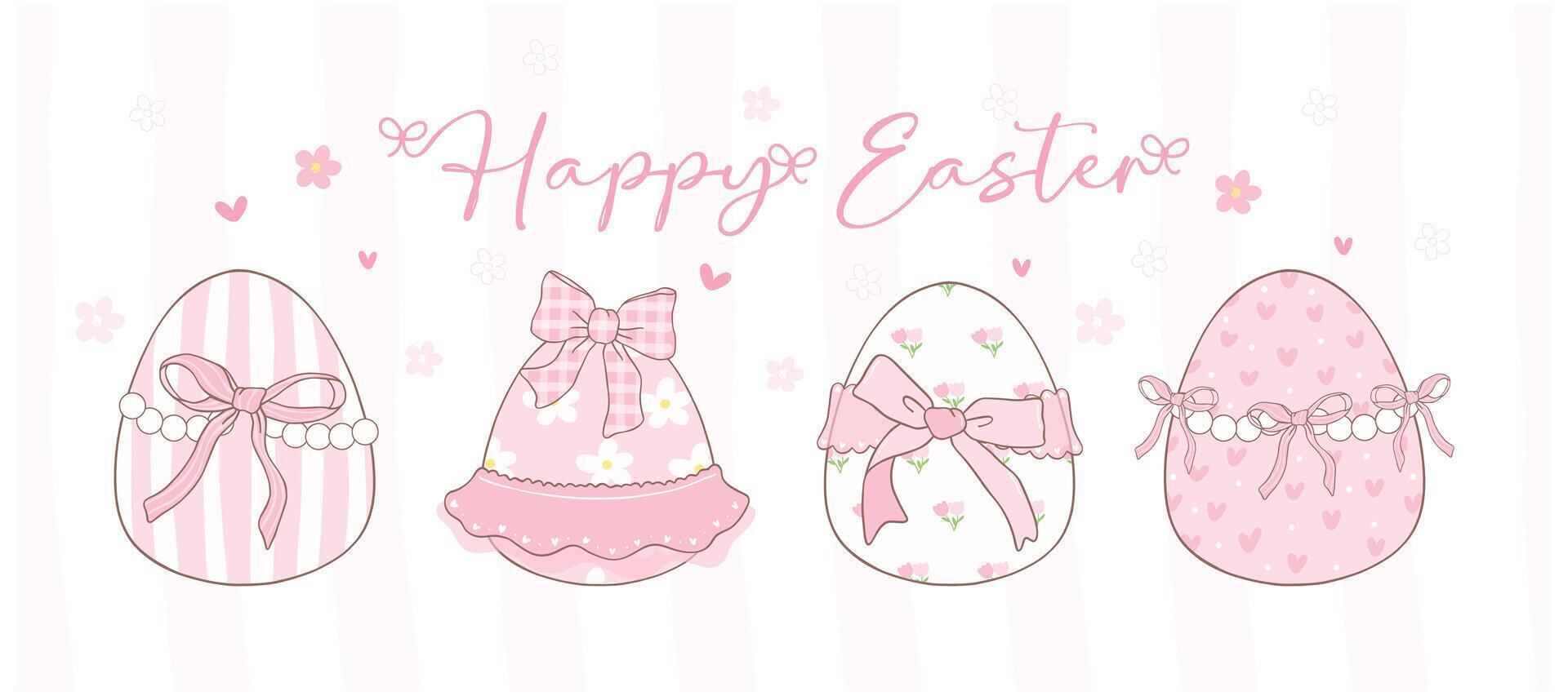 carino rosa civetta Pasqua uova cartone animato striscione, dolce retrò contento Pasqua primavera animale mano disegno. vettore
