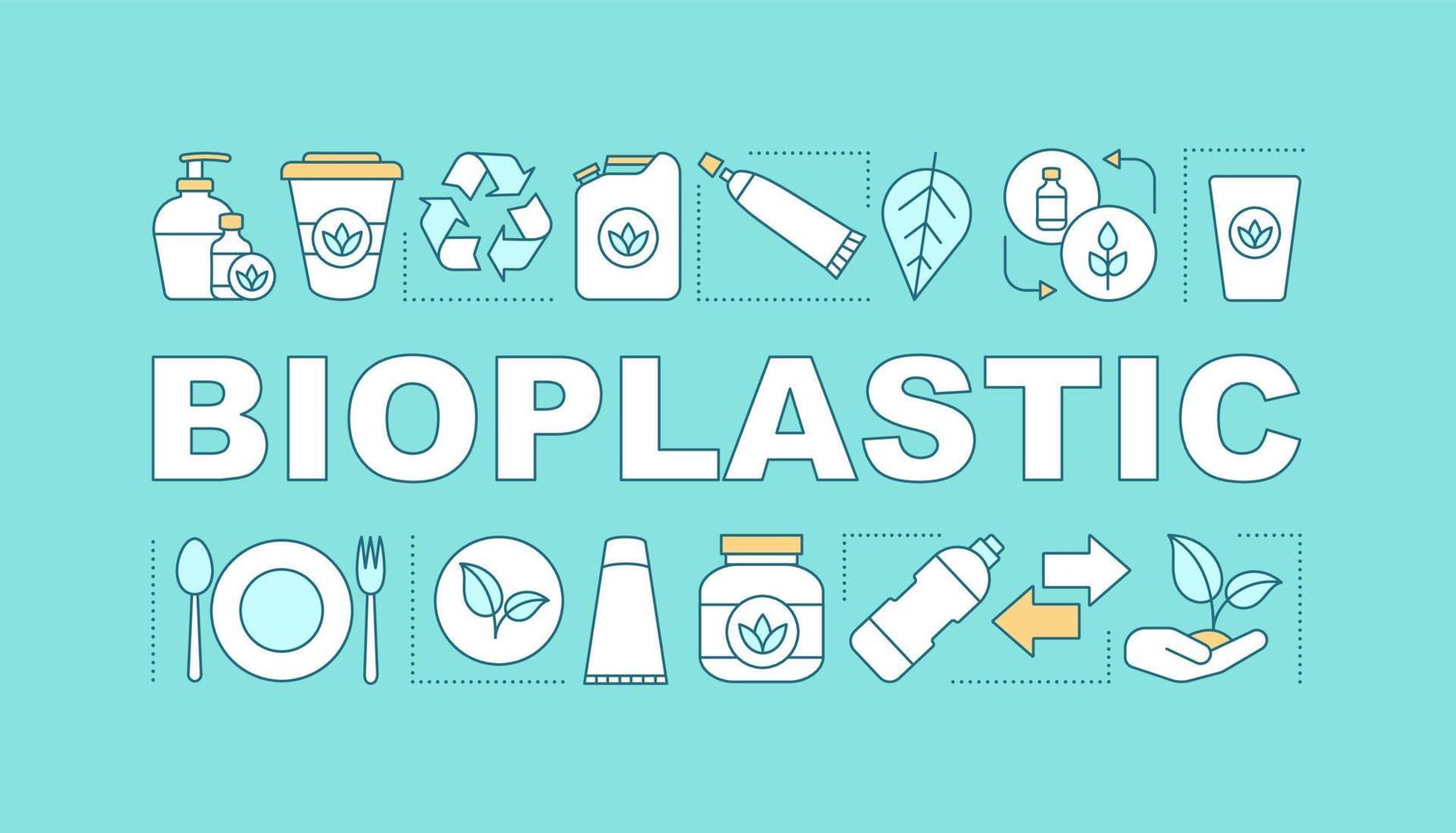 banner di concetti di parola bioplastica. plastica ecologica. presentazione, sito web. idea di tipografia scritta isolata con icone lineari. raccolta differenziata. illustrazione di contorno vettoriale