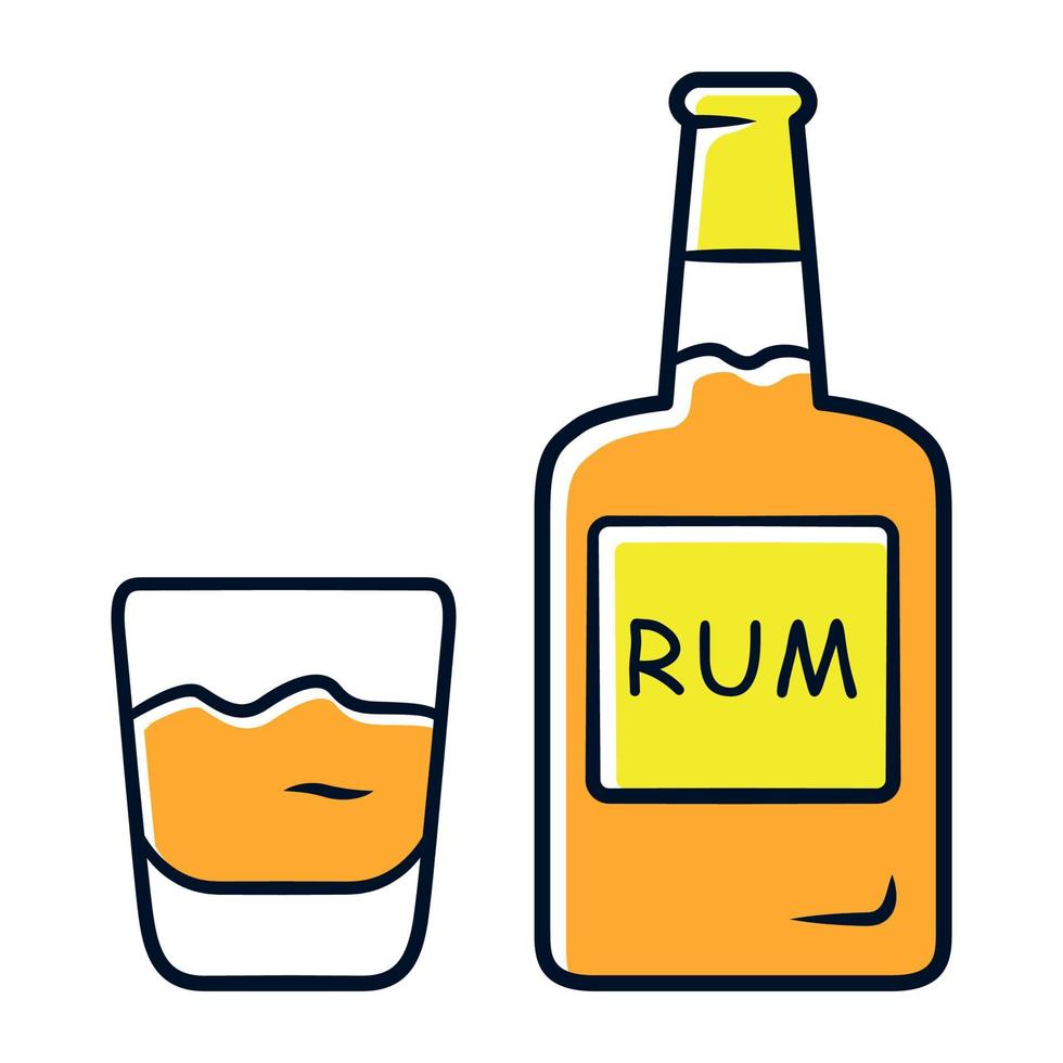 icona di colore arancione rum. bottiglia e bicchiere vecchio stile con bevanda alcolica. bevanda alcolica da bar consumata per cocktail. illustrazione vettoriale isolato