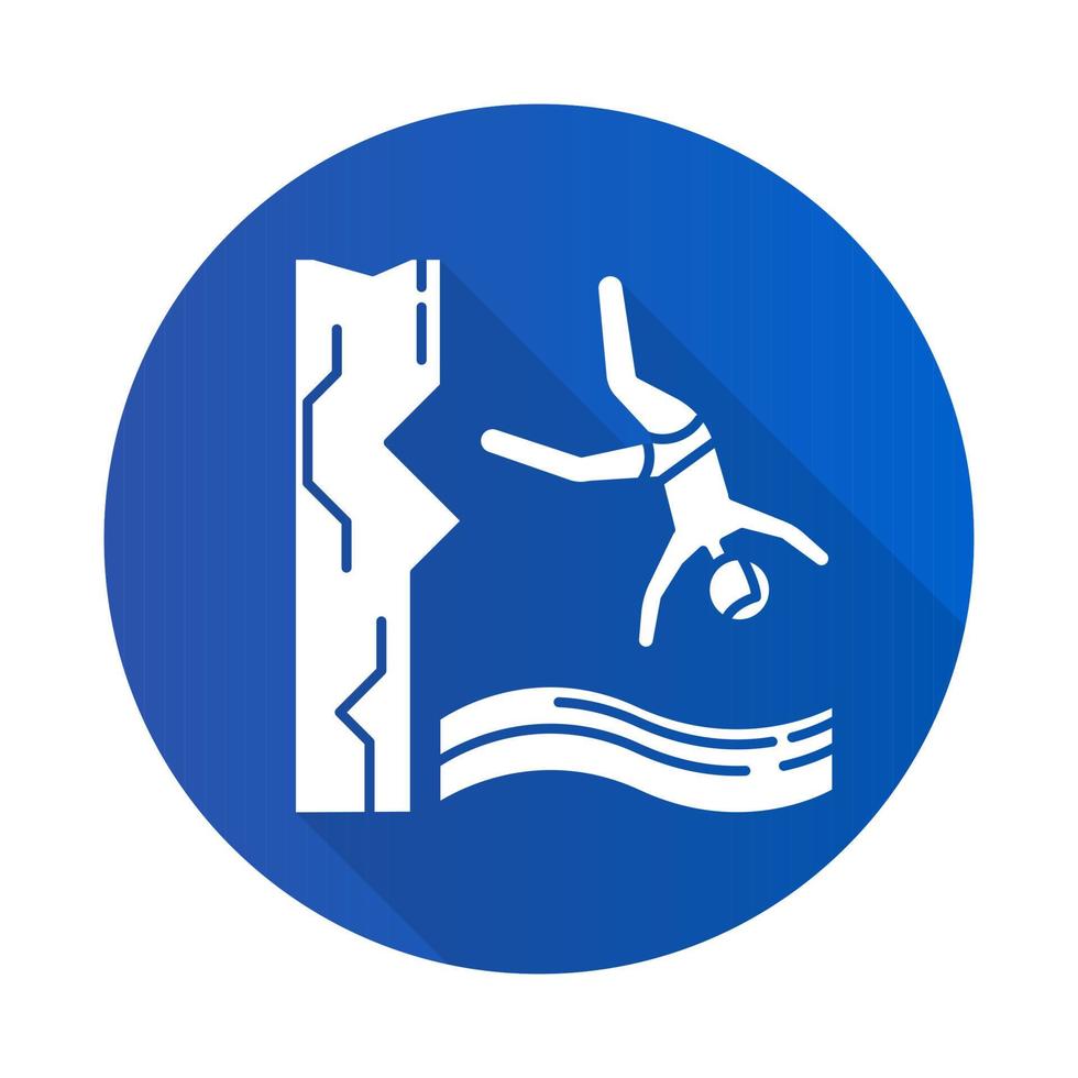 cliff diving blu design piatto lunga ombra icona glifo.sport acquatici, tipo estremo e pericoloso di sport. attività ricreative estive all'aperto su grande altezza. illustrazione di sagoma vettoriale