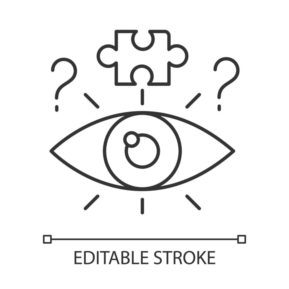 icona lineare del processo di risoluzione degli enigmi. esercizio mentale. puzzle. sfida, mistero, domanda. illustrazione di linea sottile. simbolo di contorno. disegno vettoriale isolato profilo. tratto modificabile
