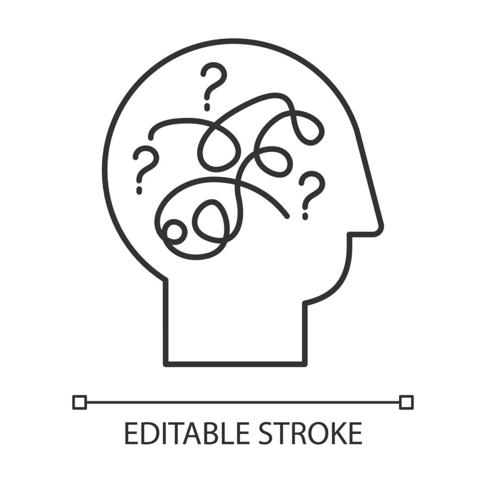 icona lineare mente perplessa. esercizio mentale, sfida. prova di intelligenza. rompicapo. domande di logica. illustrazione di linea sottile. simbolo di contorno. disegno vettoriale isolato profilo. tratto modificabile