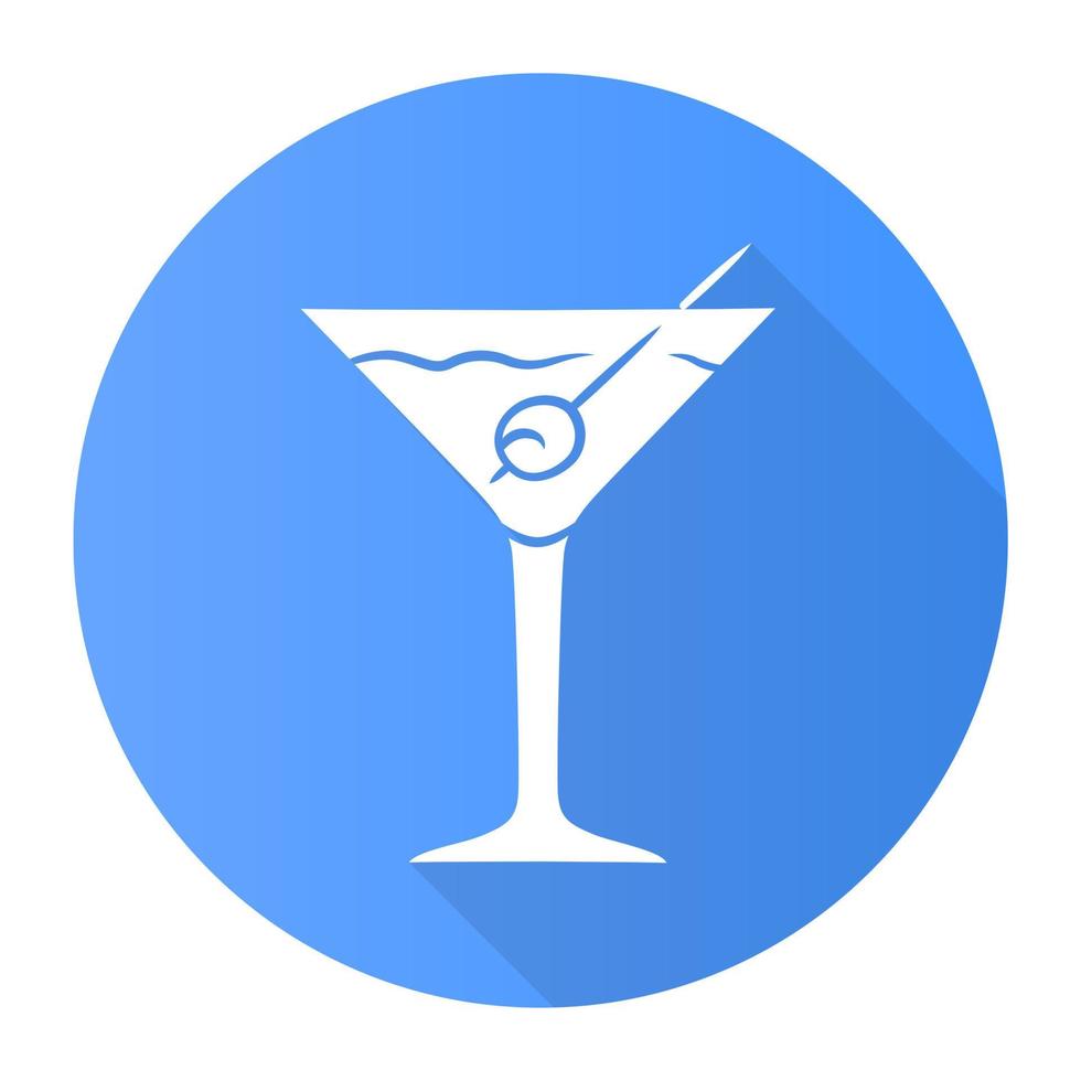icona del glifo con ombra lunga design piatto blu martini. bicchiere con piede con bevanda e oliva. cocktail con gin, vermouth. bevanda alcolica rinfrescante. tumbler con bevanda mista. illustrazione di sagoma vettoriale