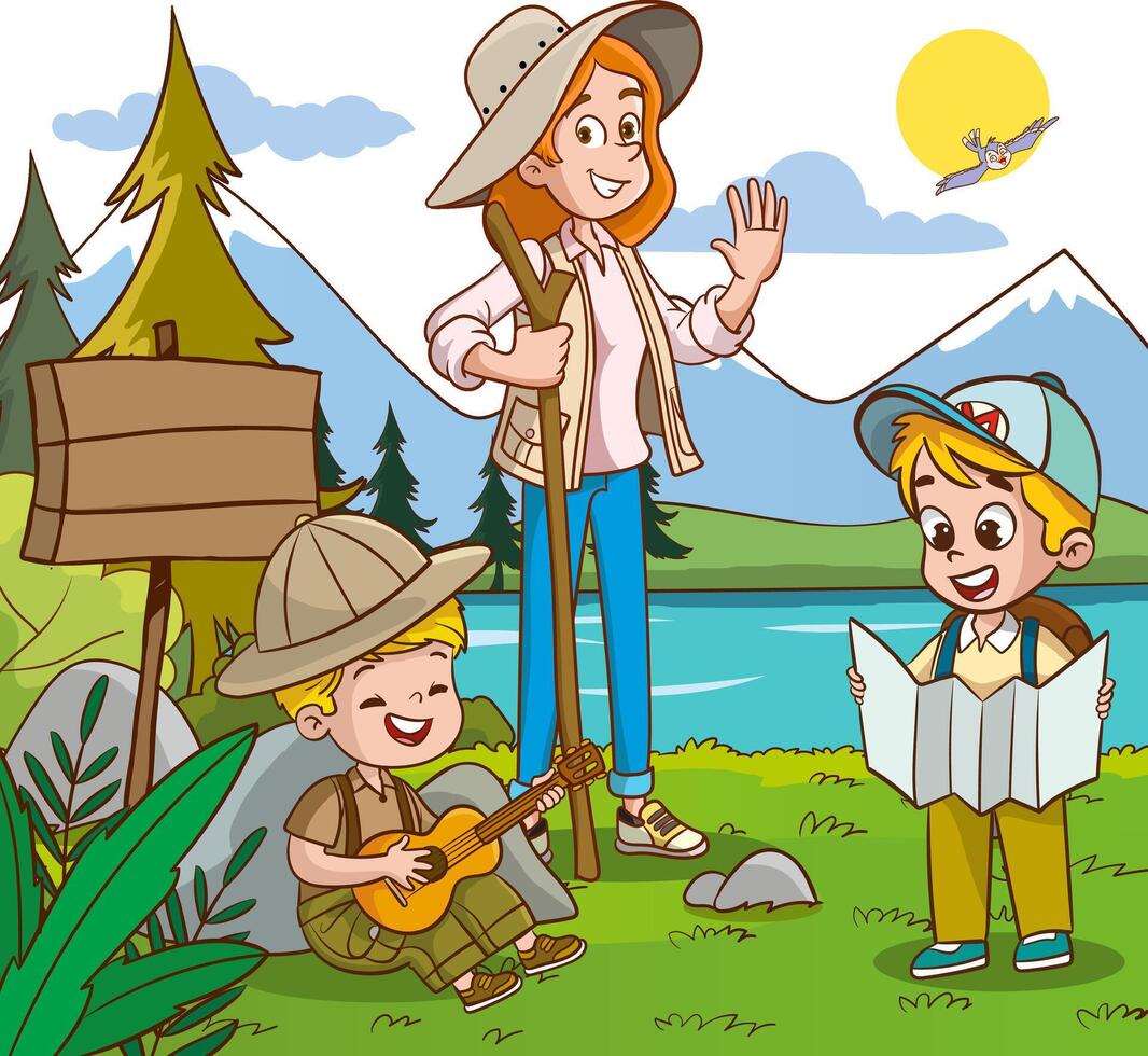 vettore illustrazione di figli di formazione scolastica. esploratore studenti campeggio. studenti studiando con insegnante nel natura cartone animato vettore