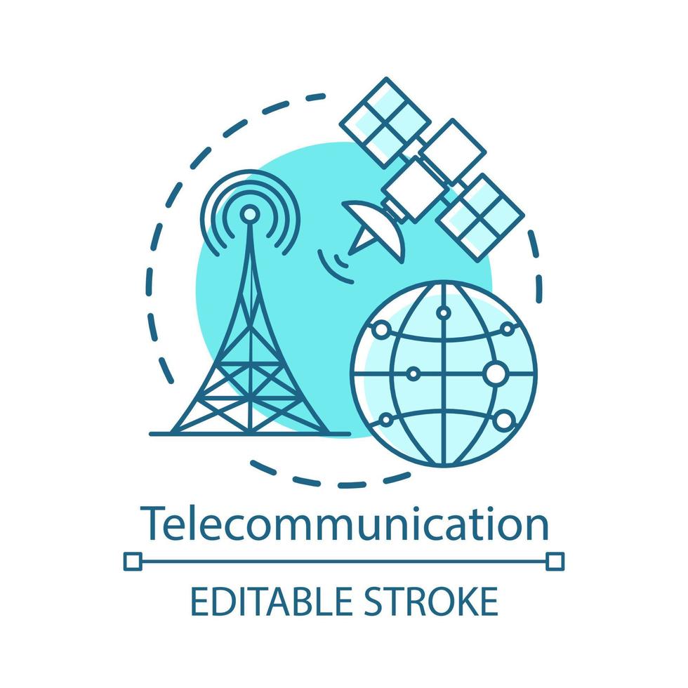 icona del concetto di telecomunicazione. rete wireless complessiva. collegamento satellitare. illustrazione della linea sottile dell'idea del sistema di comunicazione globale. disegno vettoriale isolato profilo. tratto modificabile
