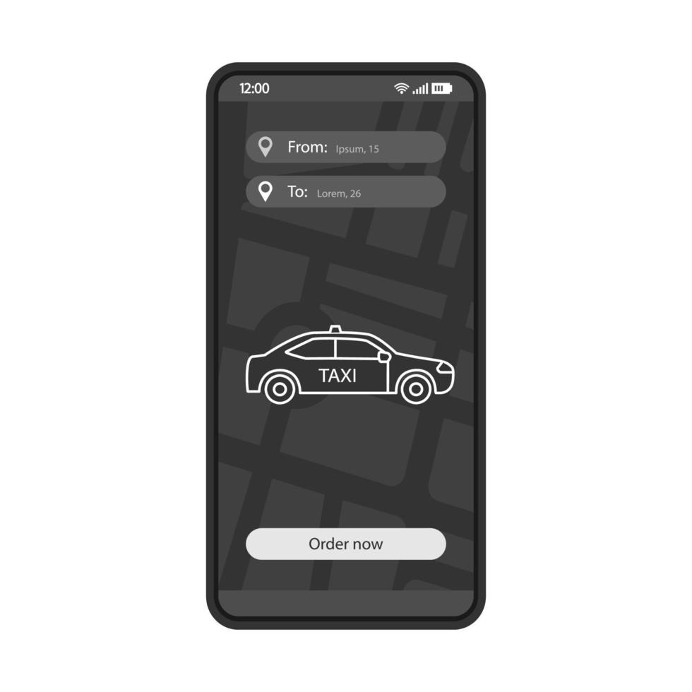 modello di vettore di interfaccia informazioni percorso taxi. layout di design nero dell'interfaccia dell'app mobile. servizio di ordinazione taxi per smartphone. luogo di ritiro e consegna. piatto ui. display del telefono con menu ordine taxi