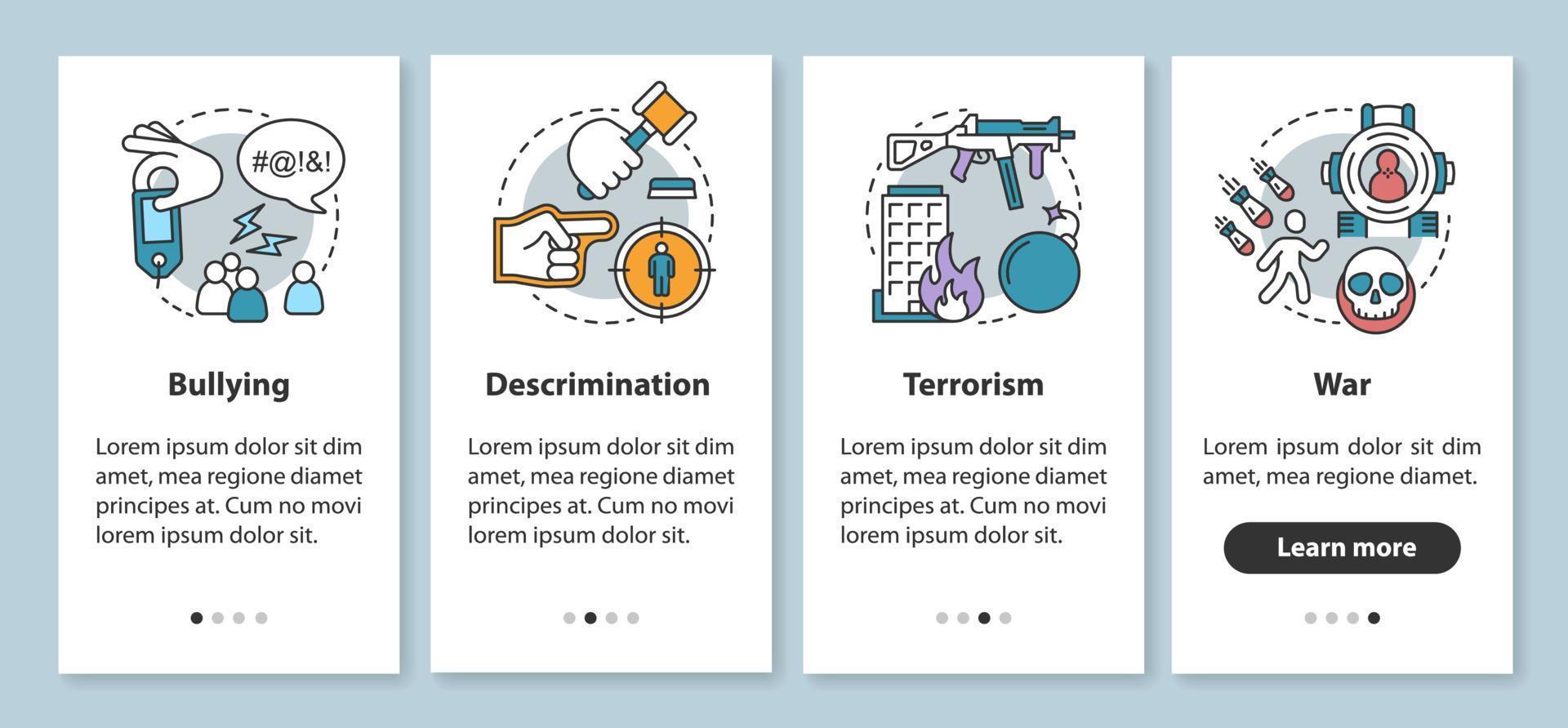 schermata della pagina dell'app mobile di onboarding della violenza sociale con concetti lineari. bullismo, discriminazione, terrorismo, passaggi di guerra, istruzioni. questioni sociali. ux, ui, gui modello vettoriale con icone