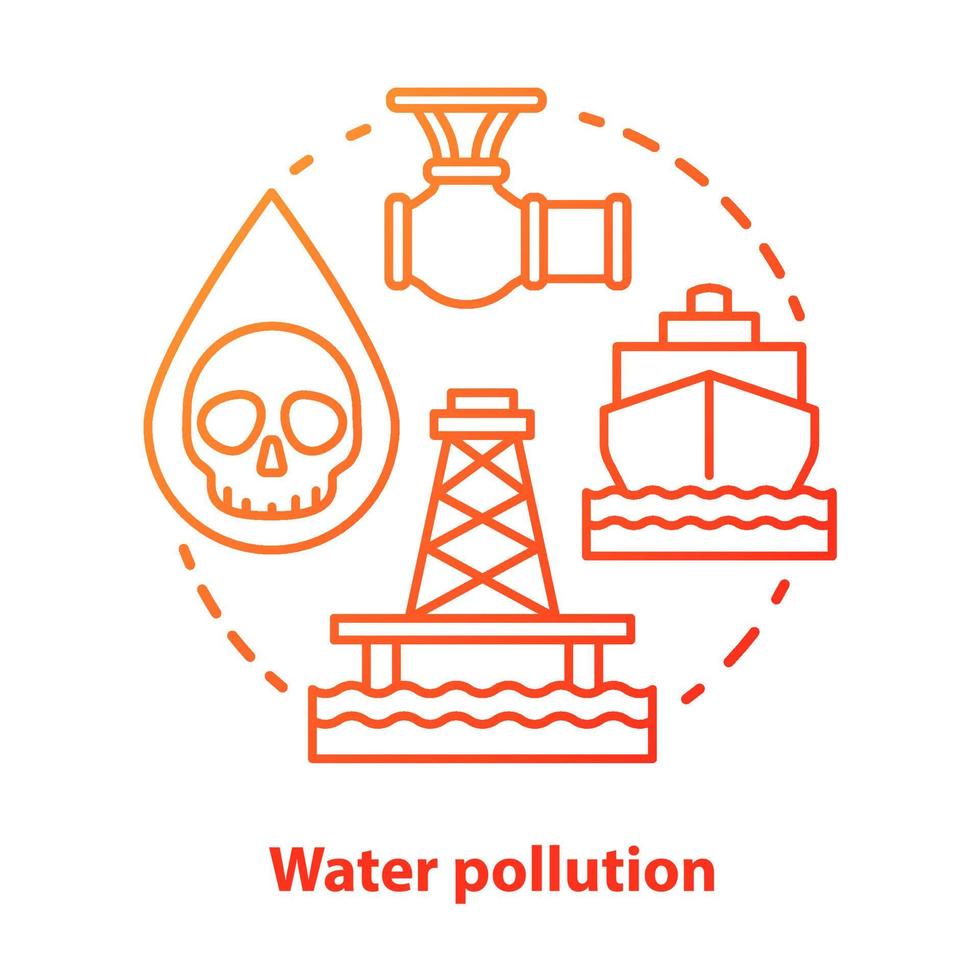 icona del concetto di inquinamento delle acque. illustrazione di linea sottile idea di contaminazione dei rifiuti d'alto mare in rosso. problemi idrici ecologici e prevenzione dei disastri. rischio industriale. disegno vettoriale isolato contorno