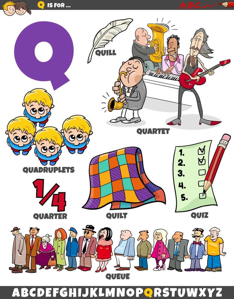 lettera q impostato con cartone animato oggetti e personaggi vettore