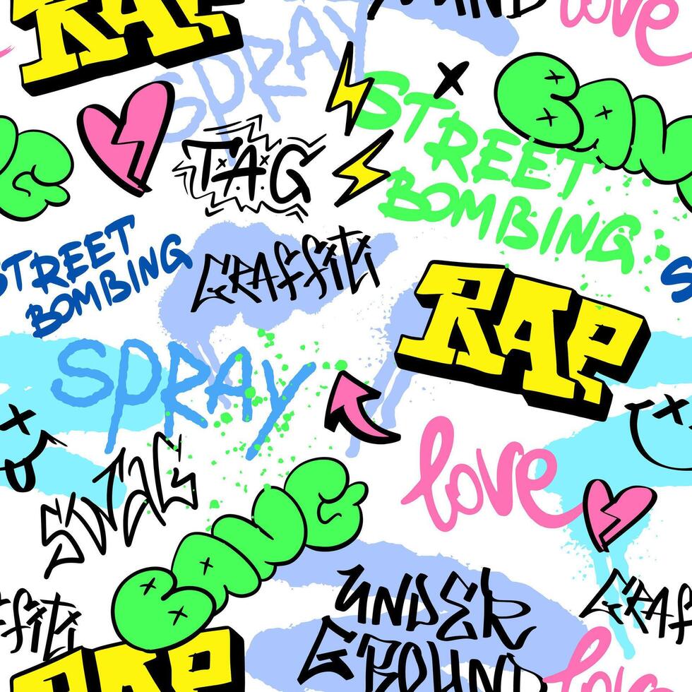 senza soluzione di continuità modello strada rap graffiti lettering elementi nel il grunge stile con tag, gocciola e chiazze. urbano selvaggio spray dipingere arte. impostato creativo vettore design adolescenziale graffiti cartone animato per tee