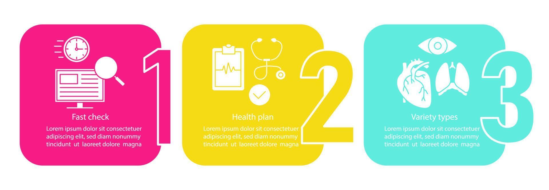 modello di infografica vettoriale diagnosi medica. controllo rapido, piano sanitario, tipi di varietà. visualizzazione dei dati con tre passaggi e opzioni. grafico della sequenza temporale del processo. layout del flusso di lavoro con icone