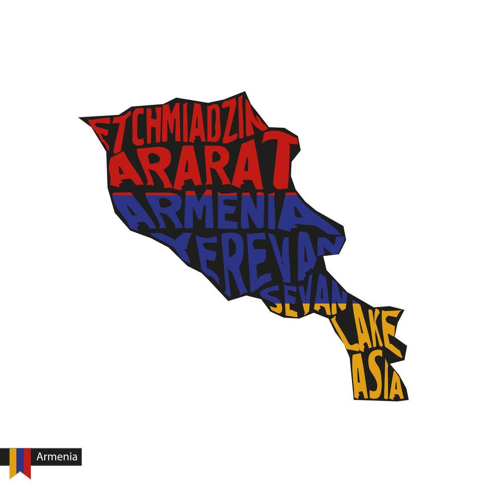 tipografia carta geografica silhouette di Armenia nel nero e bandiera colori. vettore