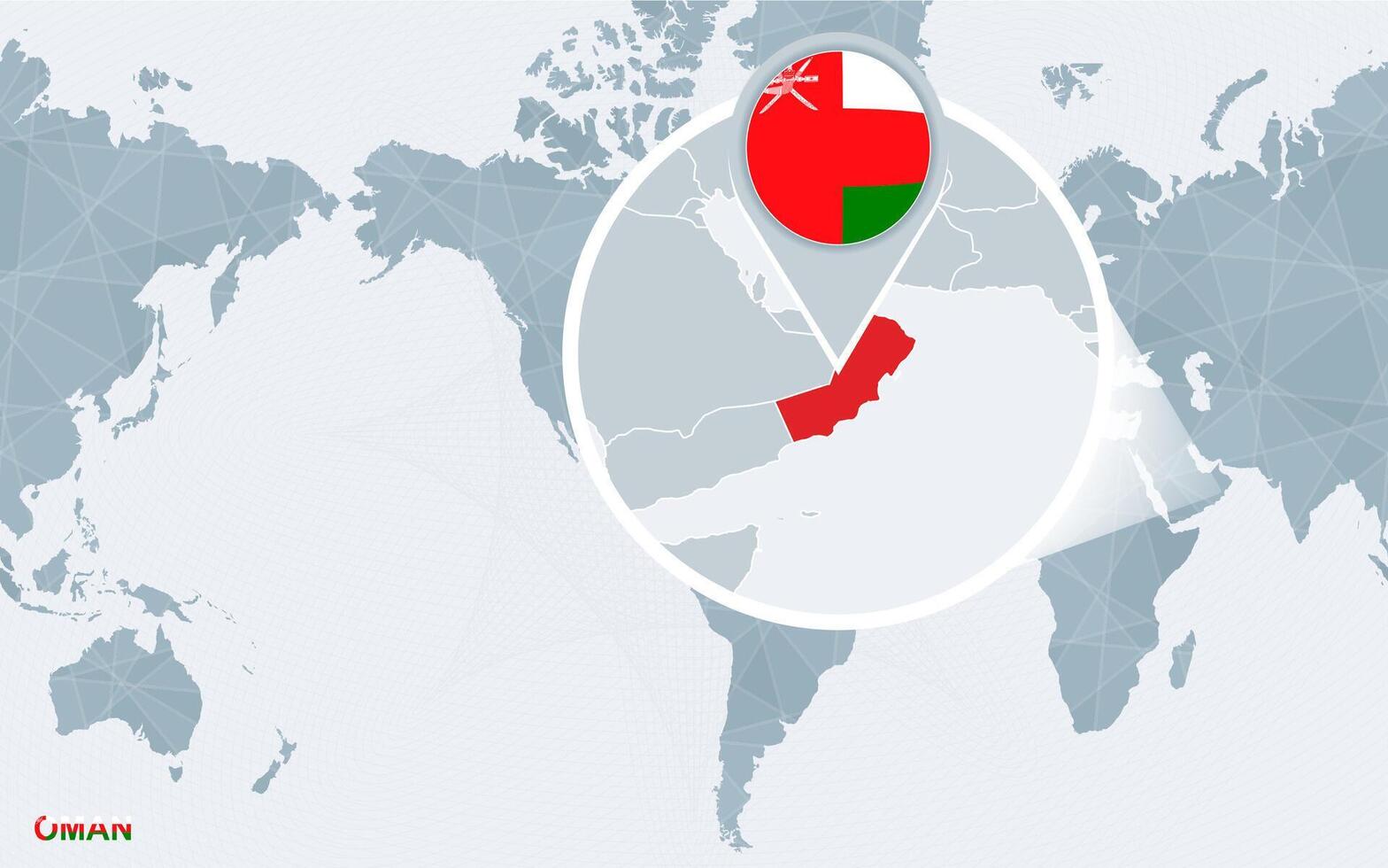 mondo carta geografica centrato su America con ingrandita Oman. vettore