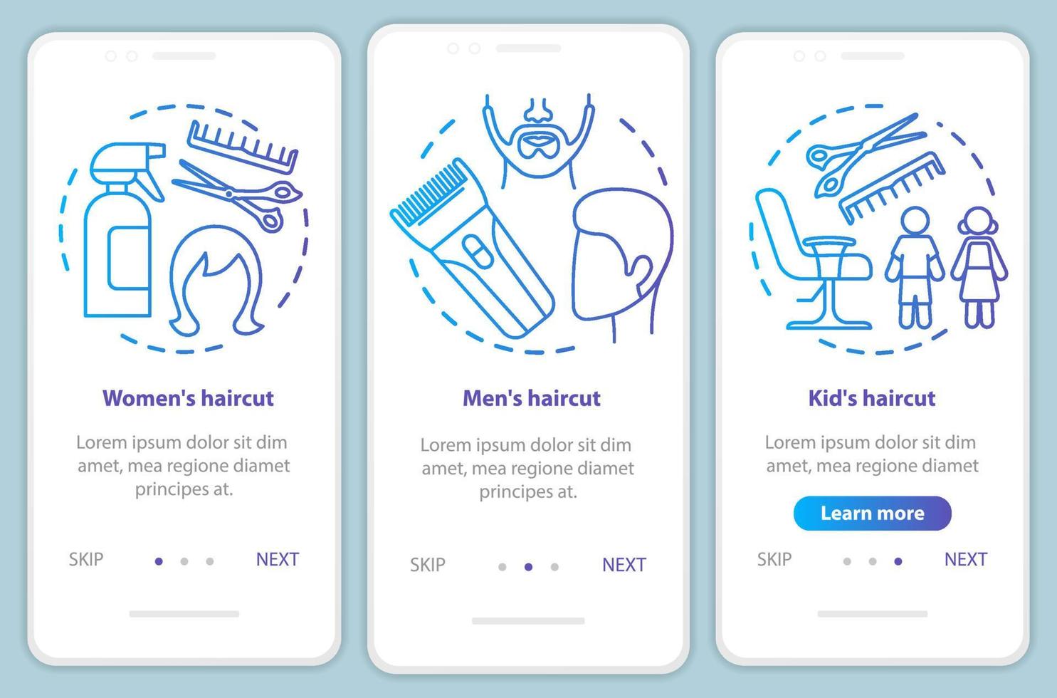 modello di vettore della schermata della pagina dell'app mobile di onboarding dei servizi del salone di parrucchiere blu. taglio di capelli da donna e da uomo. procedura dettagliata del sito Web con illustrazioni lineari. ux, ui, gui concetto di interfaccia per smartphone