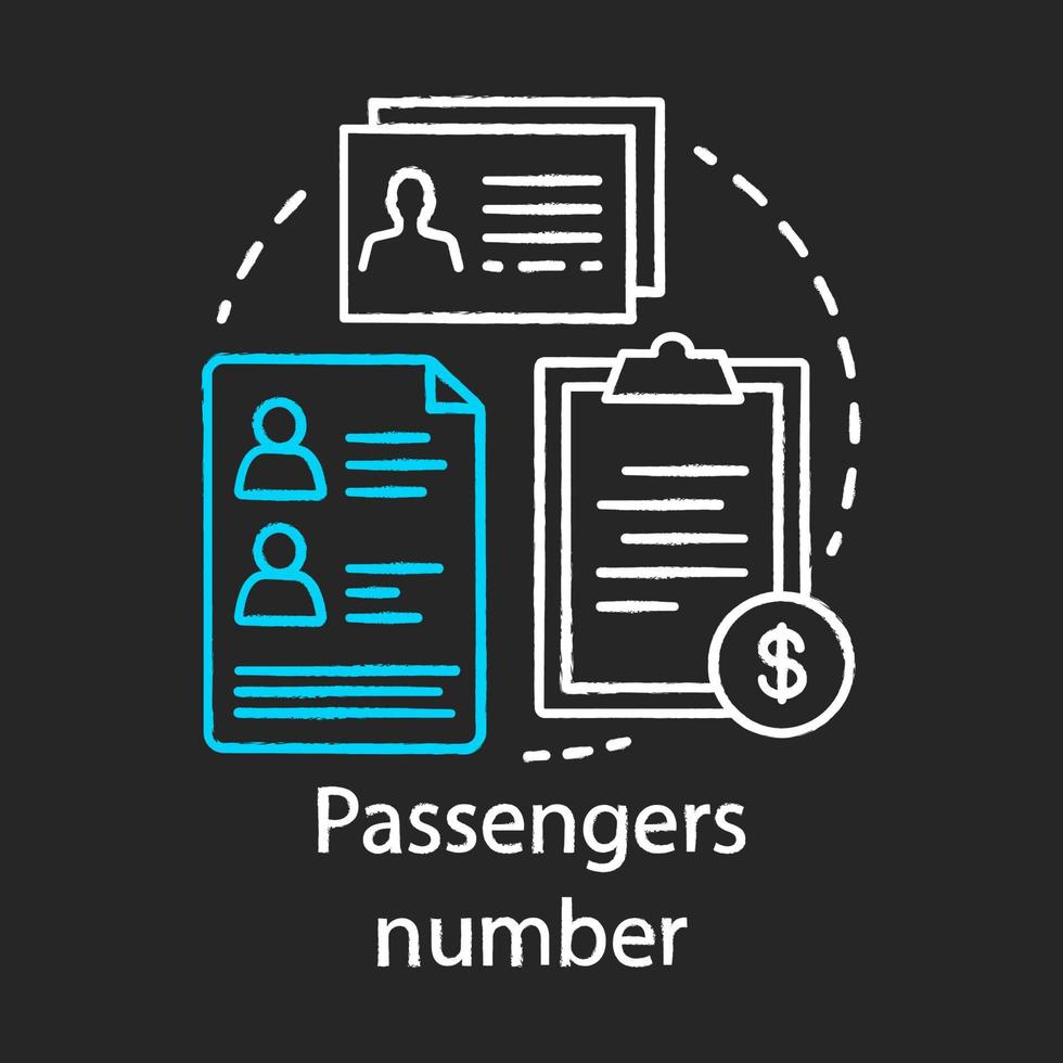 icona del gesso numero passeggero. sistema di prenotazione. banca dati di registrazione. aereo e settore dei viaggi. biglietto aereo. informazioni personali del passeggero. prezzi del servizio. illustrazione di lavagna vettoriale isolato