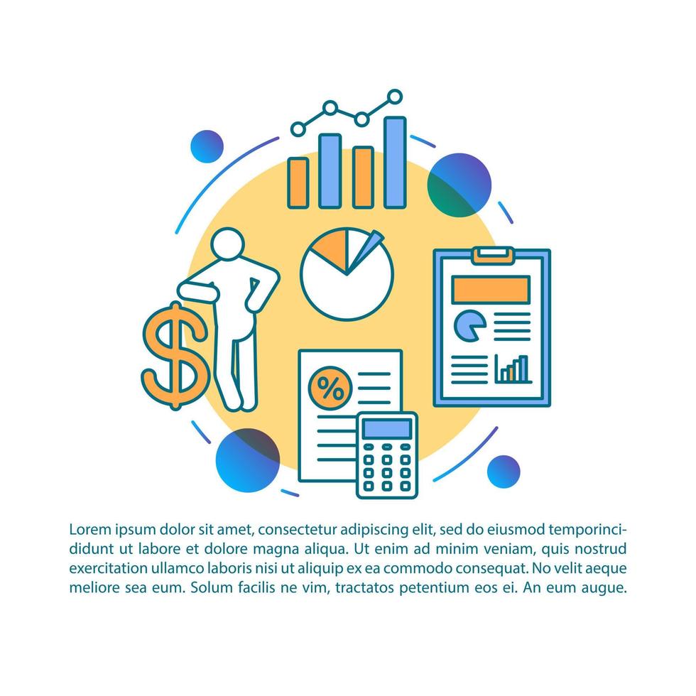 modello di vettore della pagina dell'articolo economico. sistema economico. brochure, rivista, elemento di design opuscolo con icone lineari e caselle di testo. disegno di stampa. illustrazioni concettuali con spazio di testo