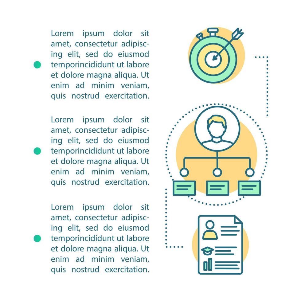 modello di vettore della pagina dell'articolo di raggiungimento dell'obiettivo. gestione delle ore. assunzione del personale. brochure, rivista, design di opuscoli con icone e caselle di testo. abilità professionali. trovare lavoro. concetto con spazio di testo